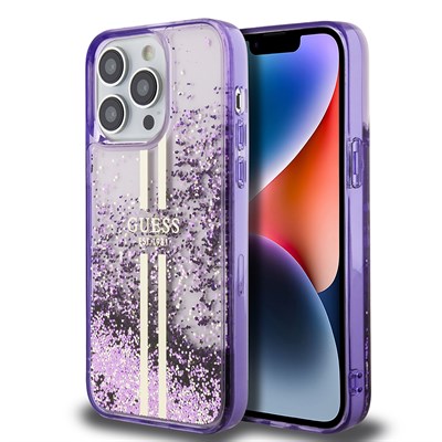 Apple iPhone 14 Pro Max Kılıf Guess Orjinal Lisanslı Transparan Sıvılı Simli Altın Çizgili Kapak