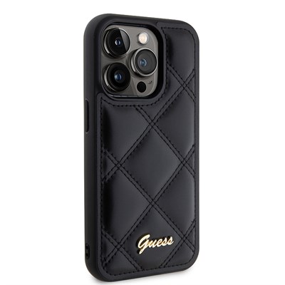 Apple iPhone 14 Pro Max Kılıf Guess Orjinal Lisanslı PU Deri Metal Yazı Logolu Kapitone Kapak