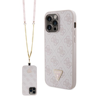 Apple iPhone 14 Pro Max Kılıf Guess Orjinal Lisanslı PU Deri Taşlı Metal Üçgen Logolu Çapraz Vücut Askılı 4G Desenli Kapak