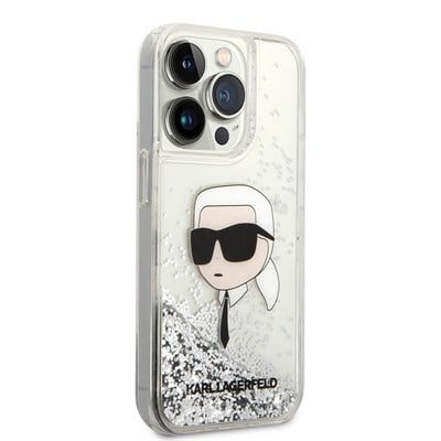 Apple iPhone 14 Pro Max Kılıf Karl Lagerfeld Sıvılı Simli Karl Head Dizayn Kapak