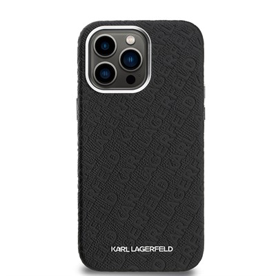 Apple iPhone 14 Pro Max Kılıf Karl Lagerfeld Orjinal Lisanslı PU Deri Damgalı Metal Yazı Logolu Kapak
