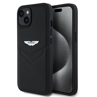 Apple iPhone 15 Kılıf Aston Martin Orjinal Lisanslı Victory Dizayn PU Deri Metal Logolu Kapak
