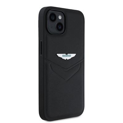 Apple iPhone 15 Kılıf Aston Martin Orjinal Lisanslı Victory Dizayn PU Deri Metal Logolu Kapak