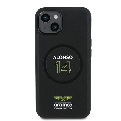 Apple iPhone 15 Kılıf Aston Martin Orjinal Lisanslı M-safe Şarj Özellikli PU Deri Alonso 14 Baskılı Kapak