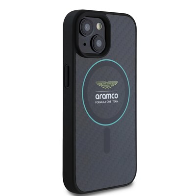 Apple iPhone 15 Kılıf Aston Martin Orjinal Lisanslı M-safe Şarj Özellikli Renkli Halka ve Karbon Fiber Tasarımlı Kapak