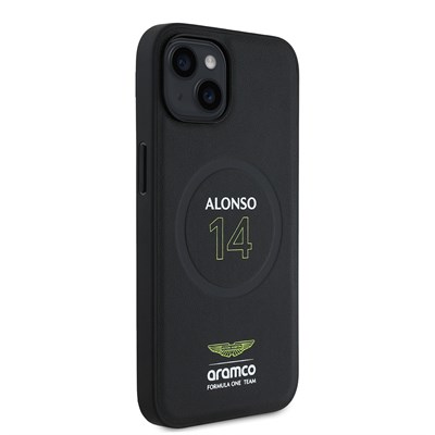 Apple iPhone 15 Kılıf Aston Martin Orjinal Lisanslı M-safe Şarj Özellikli PU Deri Alonso 14 Baskılı Kapak