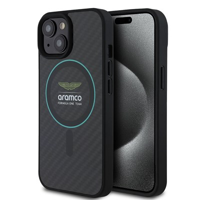 Apple iPhone 15 Kılıf Aston Martin Orjinal Lisanslı M-safe Şarj Özellikli Renkli Halka ve Karbon Fiber Tasarımlı Kapak