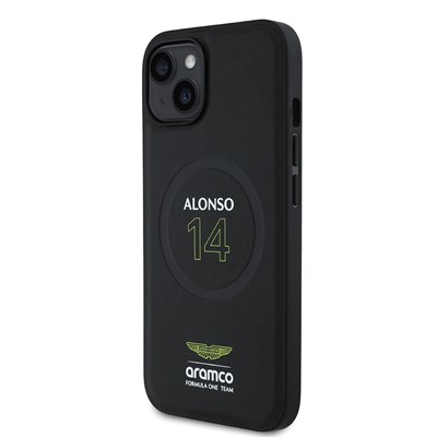 Apple iPhone 15 Kılıf Aston Martin Orjinal Lisanslı M-safe Şarj Özellikli PU Deri Alonso 14 Baskılı Kapak