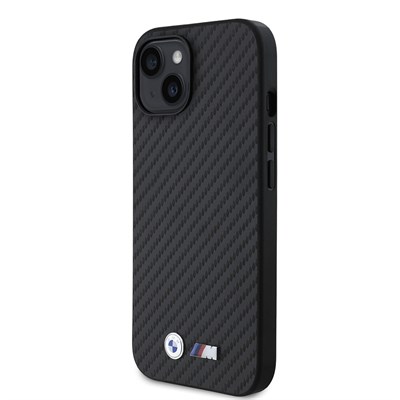 Apple iPhone 15 Kılıf BMW Orjinal Lisanslı M-safe Şarj Özellikli Karbon Fiber Görünümlü ve Metal Logolu PU Deri Kapak