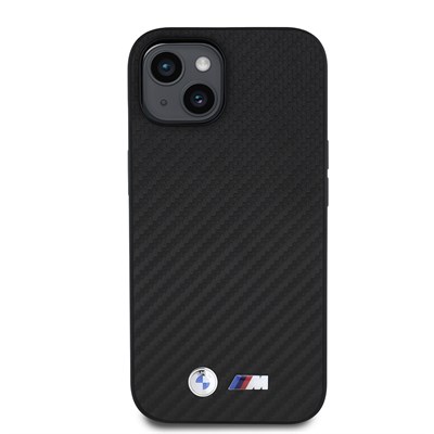 Apple iPhone 15 Kılıf BMW Orjinal Lisanslı M-safe Şarj Özellikli Karbon Fiber Görünümlü ve Metal Logolu PU Deri Kapak