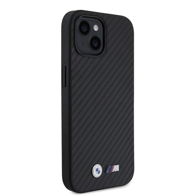 Apple iPhone 15 Kılıf BMW Orjinal Lisanslı M-safe Şarj Özellikli Karbon Fiber Görünümlü ve Metal Logolu PU Deri Kapak