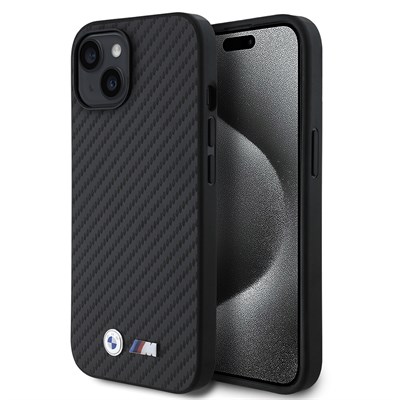 Apple iPhone 15 Kılıf BMW Orjinal Lisanslı M-safe Şarj Özellikli Karbon Fiber Görünümlü ve Metal Logolu PU Deri Kapak