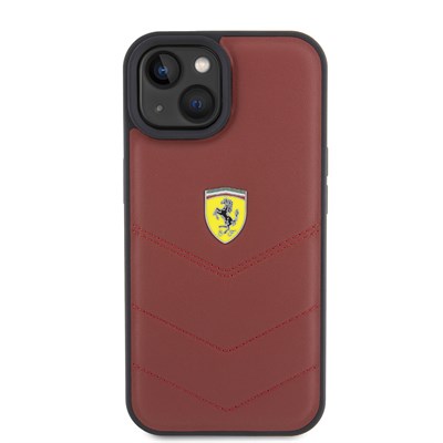 Apple iPhone 15 Kılıf Ferrari Orjinal Lisanslı Deri Dikişli Arka Yüzey Metal Logo Tasarımlı Kapak