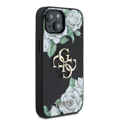 Apple iPhone 15 Kılıf Guess Orjinal Lisanslı Gül Baskılı Büyük Metal Logo Dizaynlı Kapak