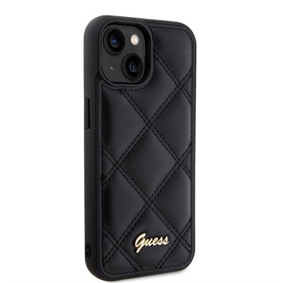 Apple iPhone 15 Kılıf Guess Orjinal Lisanslı PU Deri Metal Yazı Logolu Kapitone Kapak