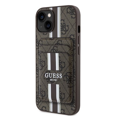 Apple iPhone 15 Kılıf Guess Orjinal Lisanslı Magsafe Şarj Özellikli 4G Desenli Çizgili Kartlıklı Kapak