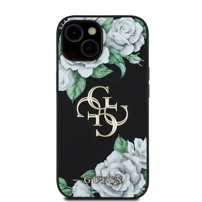 Apple iPhone 15 Kılıf Guess Orjinal Lisanslı Gül Baskılı Büyük Metal Logo Dizaynlı Kapak