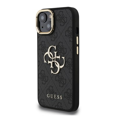 Apple iPhone 15 Kılıf Guess Orjinal Lisanslı PU Deri 4G Desenli Metal Büyük 4G ve Yazı Logolu Kamera Standlı Kapak