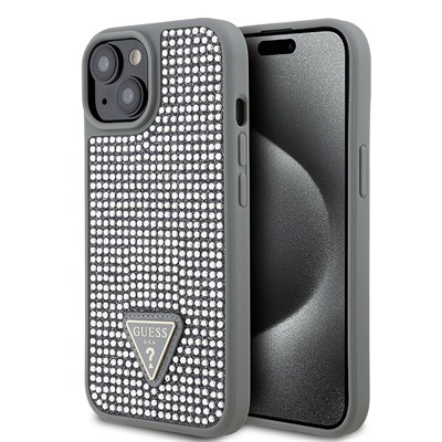 Apple iPhone 15 Kılıf Guess Orjinal Lisanslı Taşlı Arka Yüzey Üçgen Logolu Kapak