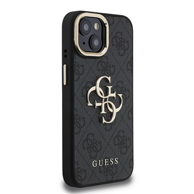 Apple iPhone 15 Kılıf Guess Orjinal Lisanslı PU Deri 4G Desenli Metal Büyük 4G ve Yazı Logolu Kamera Standlı Kapak