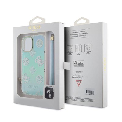 Apple iPhone 15 Kılıf Guess Orjinal Lisanslı M-safe Şarj Özellikli Taneli Çiçek Tasarımlı Metal Yazı Logolu Kapak