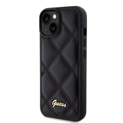 Apple iPhone 15 Kılıf Guess Orjinal Lisanslı PU Deri Metal Yazı Logolu Kapitone Kapak