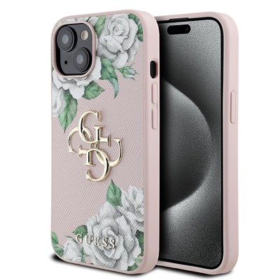 Apple iPhone 15 Kılıf Guess Orjinal Lisanslı Gül Baskılı Büyük Metal Logo Dizaynlı Kapak