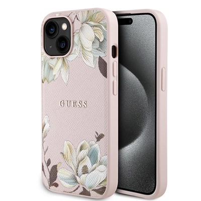 Apple iPhone 15 Kılıf Guess Orjinal Lisanslı M-safe Şarj Özellikli Taneli Çiçek Tasarımlı Metal Yazı Logolu Kapak