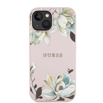 Apple iPhone 15 Kılıf Guess Orjinal Lisanslı M-safe Şarj Özellikli Taneli Çiçek Tasarımlı Metal Yazı Logolu Kapak