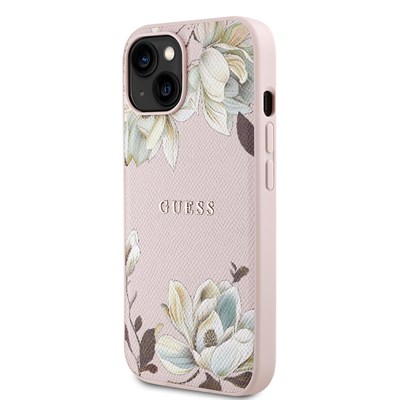 Apple iPhone 15 Kılıf Guess Orjinal Lisanslı M-safe Şarj Özellikli Taneli Çiçek Tasarımlı Metal Yazı Logolu Kapak