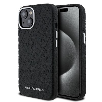 Apple iPhone 15 Kılıf Karl Lagerfeld Orjinal Lisanslı PU Deri Damgalı Metal Yazı Logolu Kapak