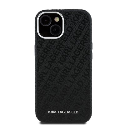 Apple iPhone 15 Kılıf Karl Lagerfeld Orjinal Lisanslı PU Deri Damgalı Metal Yazı Logolu Kapak