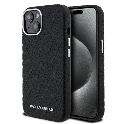 Apple iPhone 15 Kılıf Karl Lagerfeld Orjinal Lisanslı PU Deri Damgalı Metal Yazı Logolu Kapak