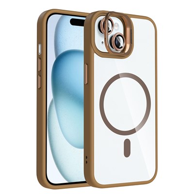 Apple iPhone 15 Kılıf Standlı ve Kamera Lens Hediyeli M-Safe Şarj Özellikli Zore Etro Kapak