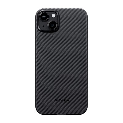 Apple iPhone 15 Plus Kılıf Magsafe Şarj Özellikli 1500D Aramid Fiber Pitaka Ultra-Slim Classic Serisi Black-Grey Twill Kapak