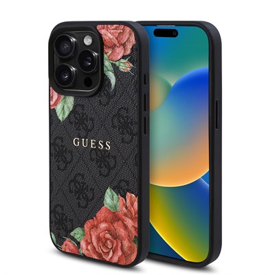 Apple iPhone 15 Pro Kılıf Guess Orjinal Lisanslı Magsafe Şarj Özellikli Gül Baskılı 4G Desenli Yazı Logolu Kapak