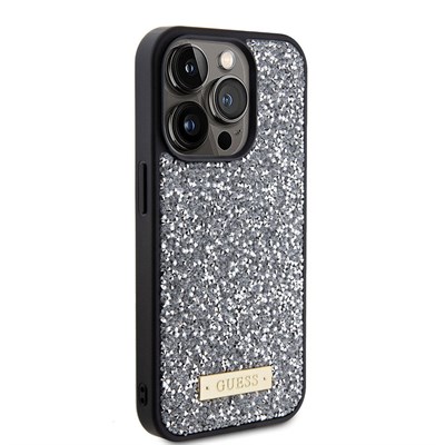 Apple iPhone 15 Pro Kılıf Guess Orjinal Lisanslı Taşlı Arka Yüzey Metal Yazı Logolu Kapak