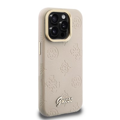 Apple iPhone 15 Pro Kılıf Guess Orjinal Lisanslı M-safe Şarj Özellikli Sıcak Baskılı Yazı Logolu Kamera Standlı PU Deri Peony Kapak