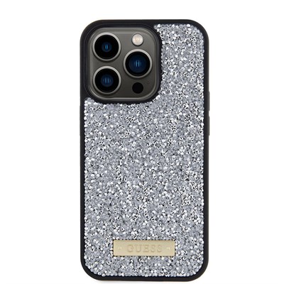 Apple iPhone 15 Pro Kılıf Guess Orjinal Lisanslı Taşlı Arka Yüzey Metal Yazı Logolu Kapak
