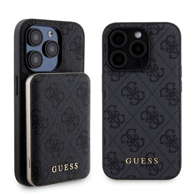 Apple iPhone 15 Pro Kılıf Guess Orjinal Lisanslı Magsafe Şarj Özellikli Yazı Logolu 4G Desenli Kapak + Powerbank 5000mAh 2in1 Set