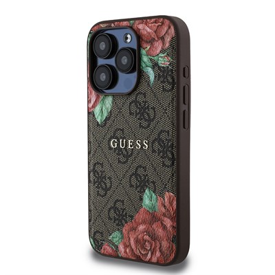 Apple iPhone 15 Pro Kılıf Guess Orjinal Lisanslı Magsafe Şarj Özellikli Gül Baskılı 4G Desenli Yazı Logolu Kapak