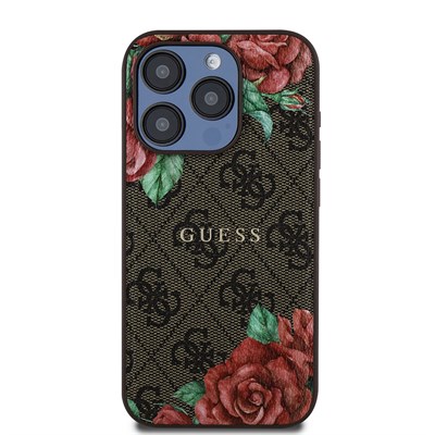 Apple iPhone 15 Pro Kılıf Guess Orjinal Lisanslı Magsafe Şarj Özellikli Gül Baskılı 4G Desenli Yazı Logolu Kapak