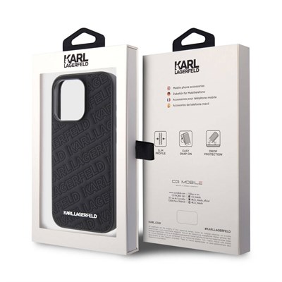 Apple iPhone 15 Pro Case Karl Lagerfeld Metal Text Logo Stitched Back Surface Quilted Cover