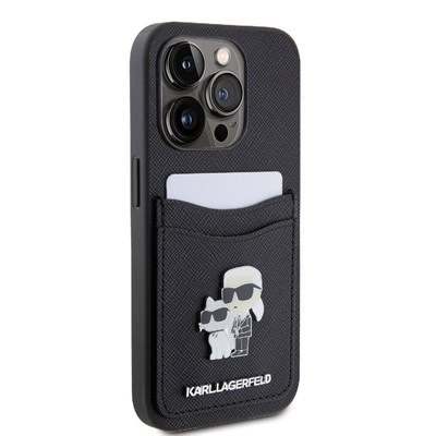 Apple iPhone 15 Pro Kılıf Karl Lagerfeld Orjinal Lisanslı Metal Logo Kartlıklı Saffiano Kapak