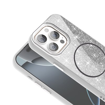 Apple iPhone 15 Pro Kılıf Magsafe Şarj Özellikli Parlayan Simli Zore Okso Kapak