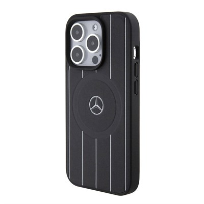 Apple iPhone 15 Pro Kılıf Mercedes Benz Orjinal Lisanslı Magsafe Şarj Özellikli Baskı Logolu Paralel Çizgi Desenli Deri Kapak