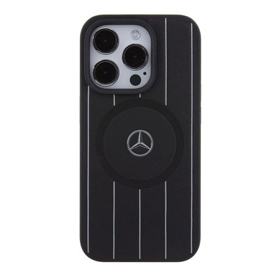 Apple iPhone 15 Pro Kılıf Mercedes Benz Orjinal Lisanslı Magsafe Şarj Özellikli Baskı Logolu Paralel Çizgi Desenli Deri Kapak