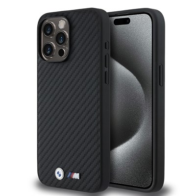 Apple iPhone 15 Pro Max Kılıf BMW Orjinal Lisanslı M-safe Şarj Özellikli Karbon Fiber Görünümlü ve Metal Logolu PU Deri Kapak
