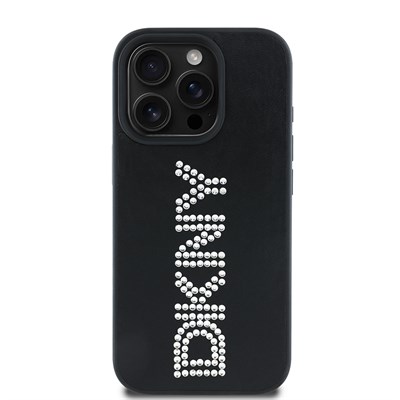 Apple iPhone 15 Pro Max Kılıf DKNY Orjinal Lisanslı Taşlı DKNY Yazılı Metalik Rhinestones PU Deri Kapak