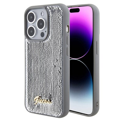 Apple iPhone 15 Pro Max Kılıf Guess Orjinal Lisanslı Pullu Arka Yüzey Metal Yazı Logolu Sequin Script Kapak